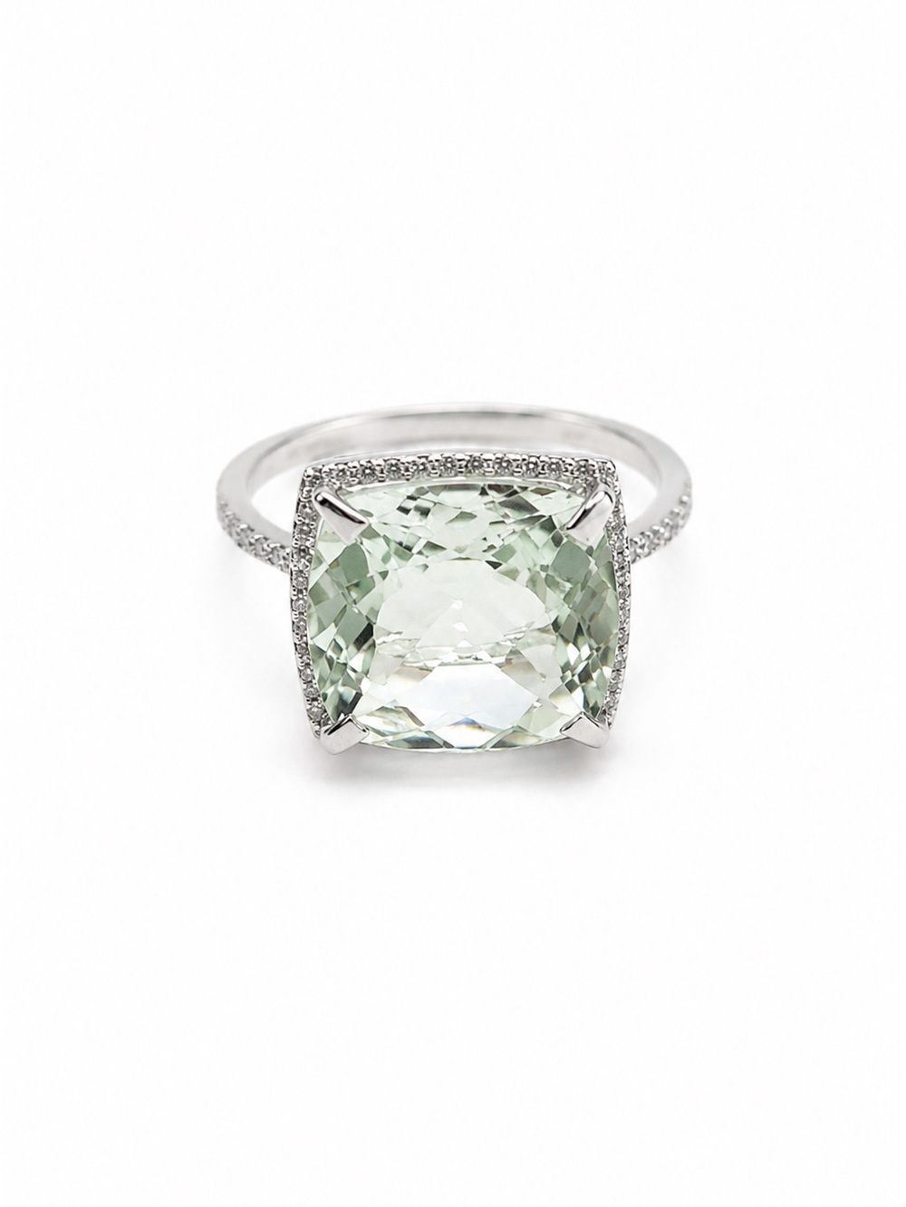 14K White Gold Green Amethyst Diamond Halo Ring